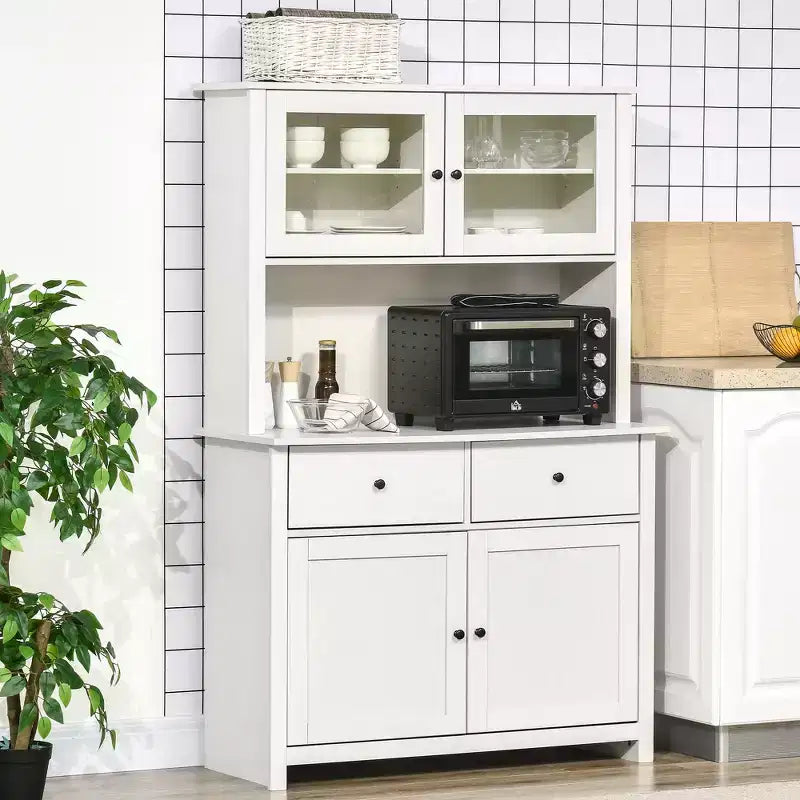 Buffet de cuisine avec huche, armoire de rangement avec 4 étagères, tiroirs, portes vitrées encadrées, espace micro-ondes ouvert