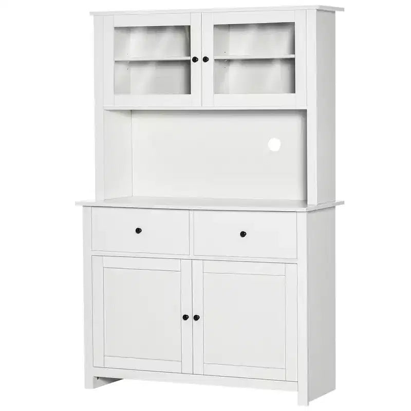 Buffet de cuisine avec huche, armoire de rangement avec 4 étagères, tiroirs, portes vitrées encadrées, espace micro-ondes ouvert