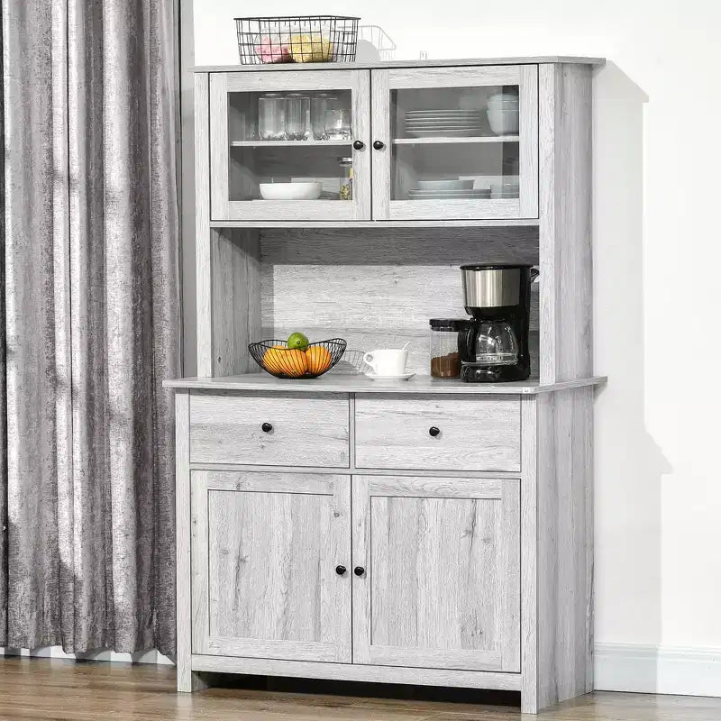 Buffet de cuisine avec huche, armoire de rangement avec 4 étagères, tiroirs, portes vitrées encadrées, espace micro-ondes ouvert