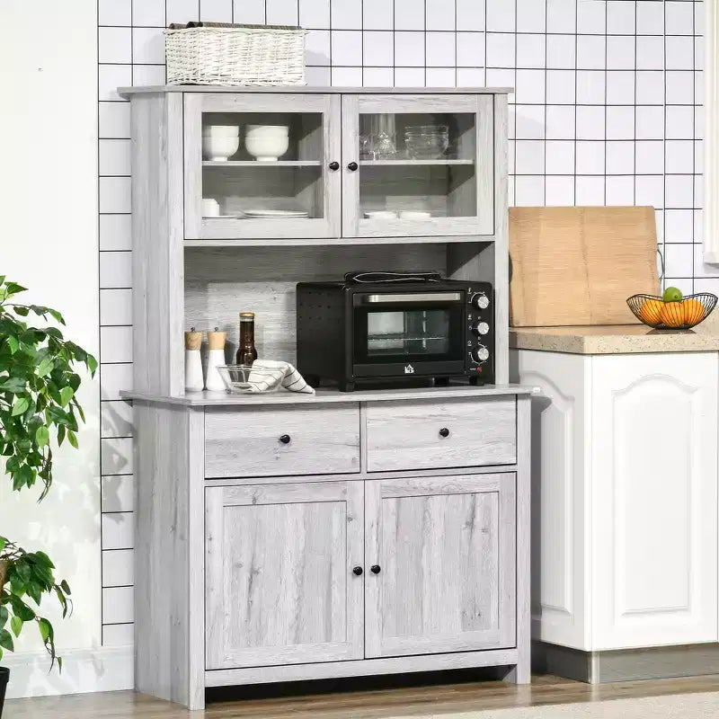 Buffet de cuisine avec huche, armoire de rangement avec 4 étagères, tiroirs, portes vitrées encadrées, espace micro-ondes ouvert