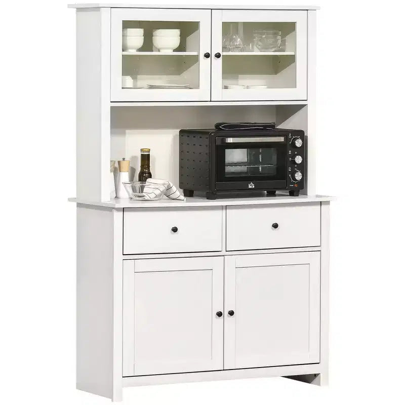 HOMCOM 63.5 Kitchen Buffet with Hutch Pantry Storage Cabinet with 4 Shelves Drawers Framed Glass Doors Open Microwave Countertop