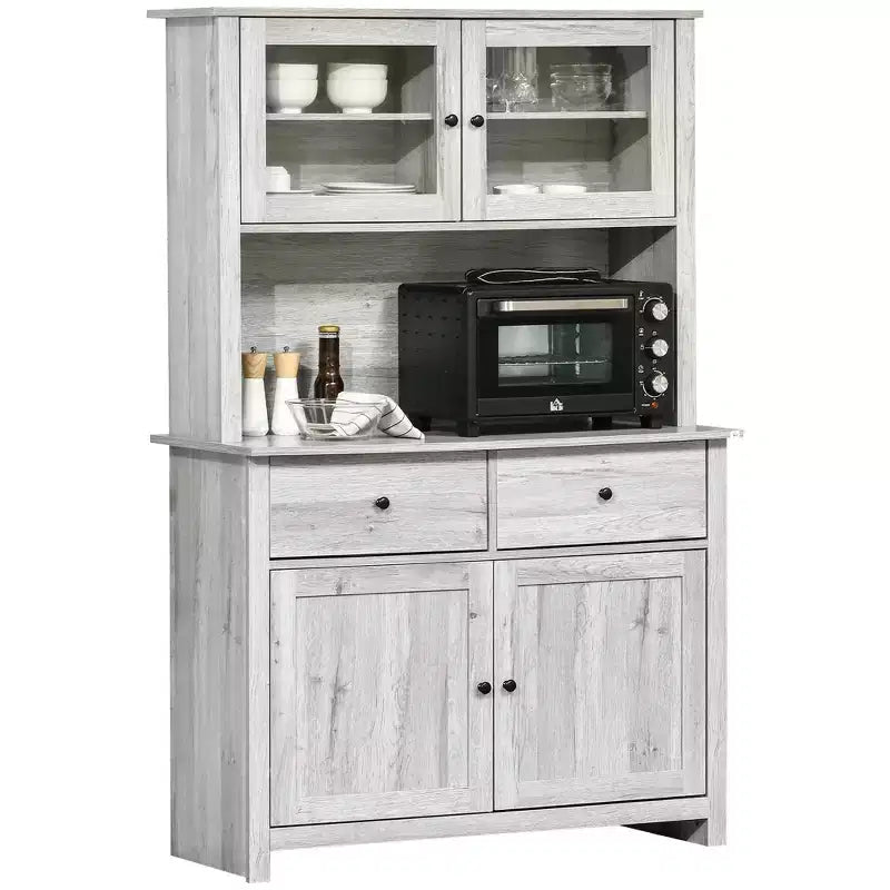 Buffet de cuisine avec huche, armoire de rangement avec 4 étagères, tiroirs, portes vitrées encadrées, espace micro-ondes ouvert