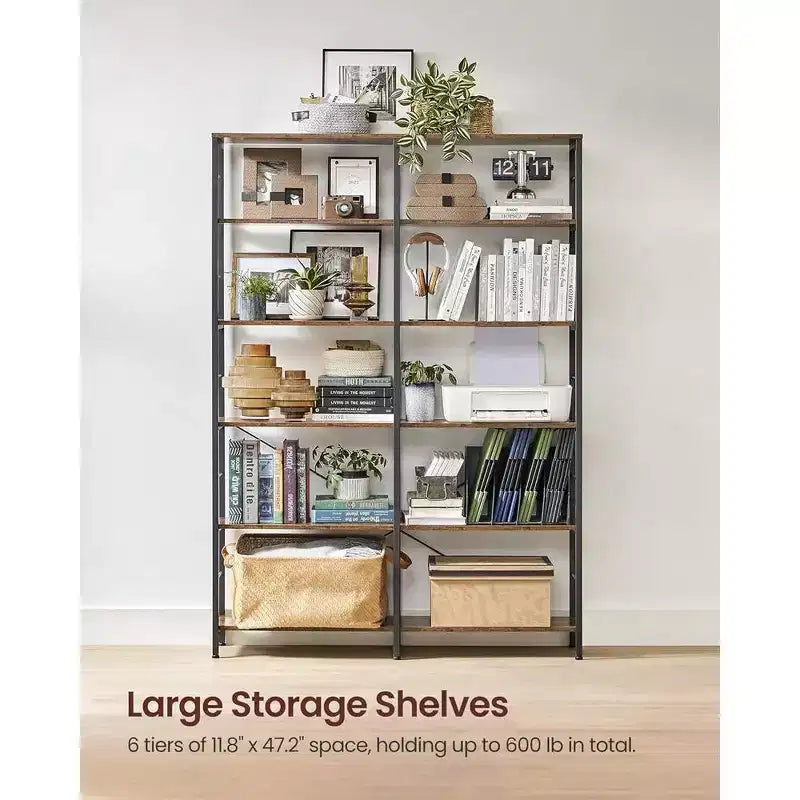 Étagère à livres haute à 6 niveaux, grande étagère en métal de 30 x 120 x 172,5 cm, marron rustique et noir