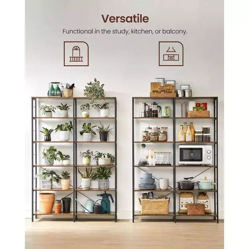Étagère à livres haute à 6 niveaux, grande étagère en métal de 30 x 120 x 172,5 cm, marron rustique et noir