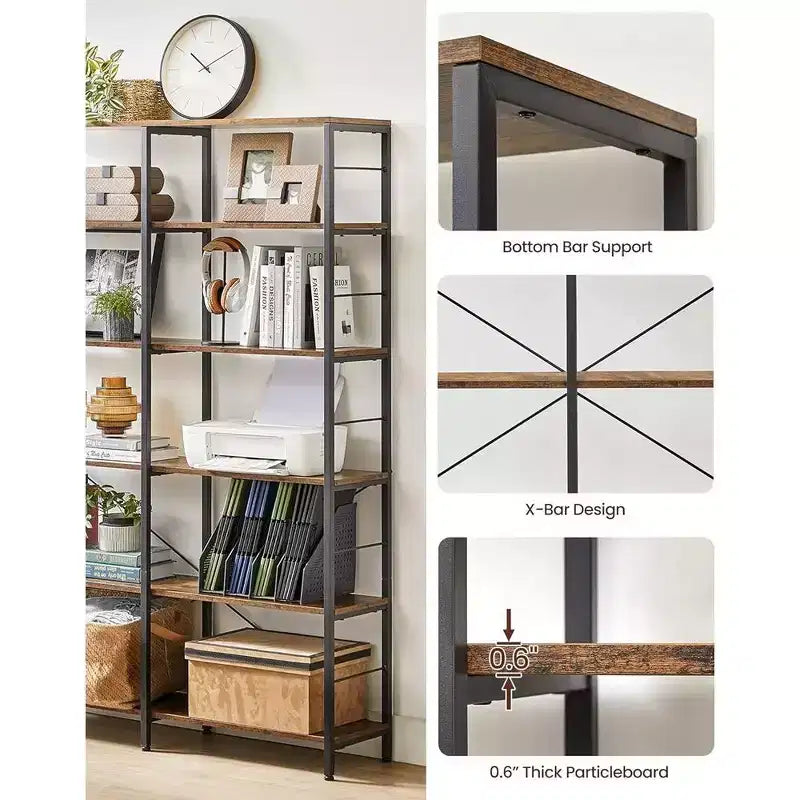 Étagère à livres haute à 6 niveaux, grande étagère en métal de 30 x 120 x 172,5 cm, marron rustique et noir