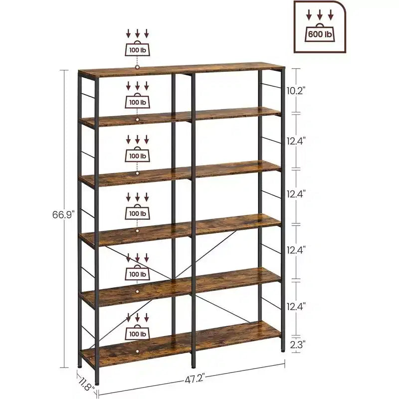 Étagère à livres haute à 6 niveaux, grande étagère en métal de 30 x 120 x 172,5 cm, marron rustique et noir
