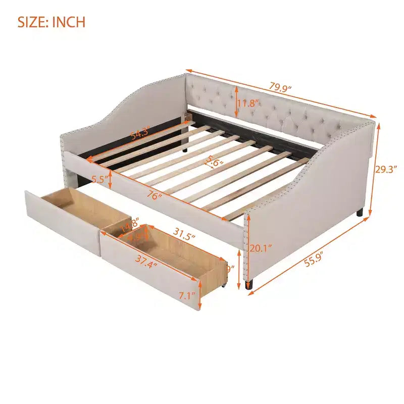 Full Size Upholstered Wood Daybed Platform Sofa Bed with Two Drawers-ModernLuxe