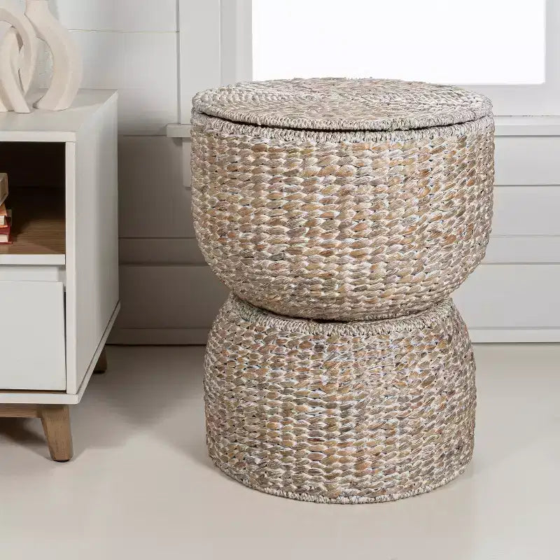 Table d'appoint de rangement sablier en jacinthe tressée avec couvercle