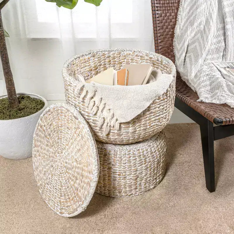Table d'appoint de rangement sablier en jacinthe tressée avec couvercle