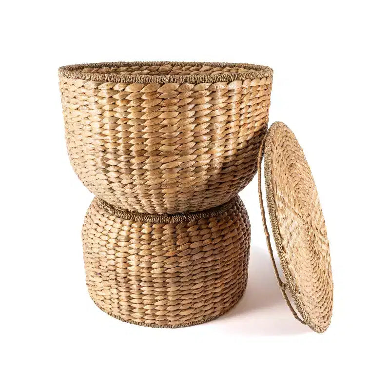 Table d'appoint de rangement sablier en jacinthe tressée avec couvercle