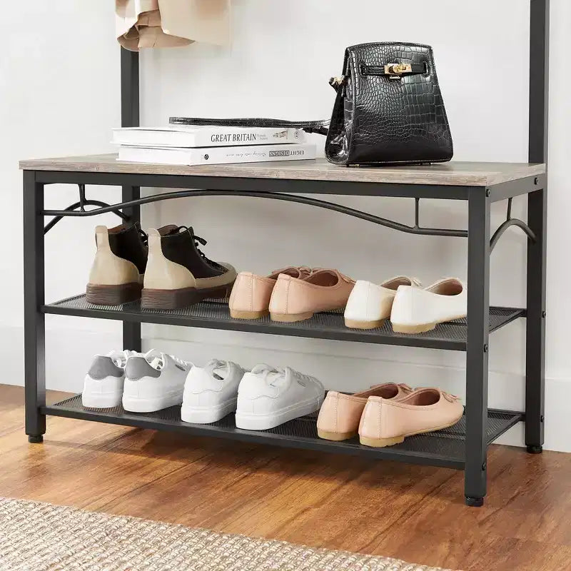 Banc à chaussures avec étagère de rangement à 3 niveaux Meuble d'appoint industriel avec cadre en acier 32 x 80 x 178,5 cm