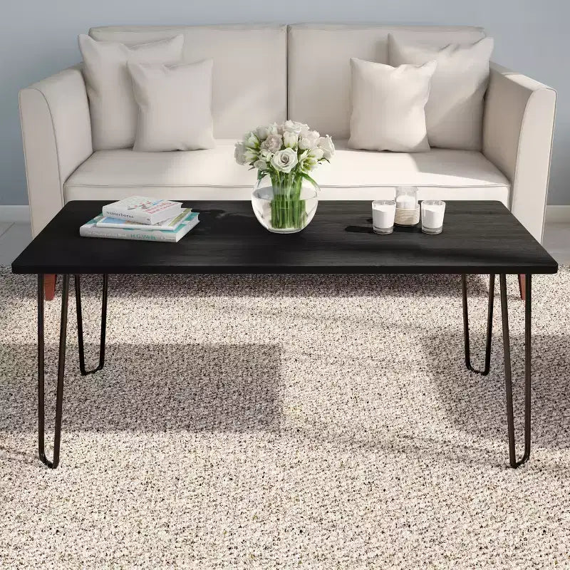 Lavish Home Modern Coffee Table with Hairpin Legs Modern Industrial Style Woodgrain-Look and Steel Accent Living Room Furniture