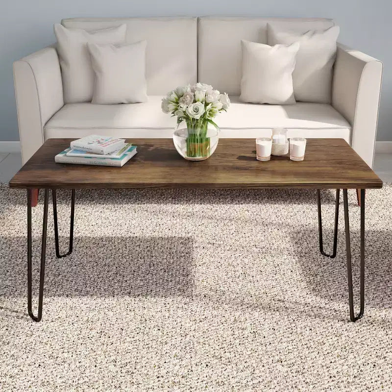 Table basse moderne Lavish Home avec pieds épingles en épingle à cheveux Style industriel moderne Effet grain de bois et accents en acier Meuble de salon