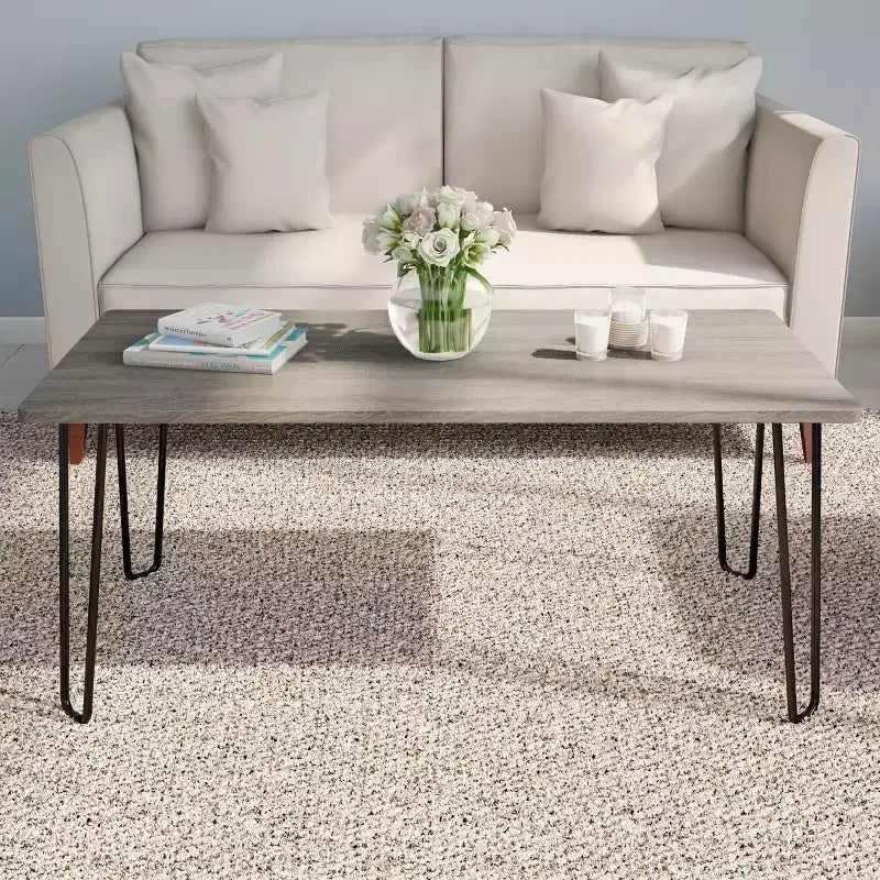 Table basse moderne Lavish Home avec pieds épingles en épingle à cheveux Style industriel moderne Effet grain de bois et accents en acier Meuble de salon