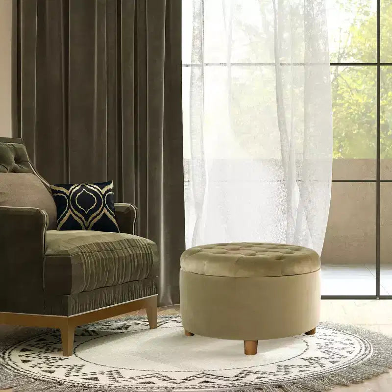 Pouffe de rangement rond capitonné en velours