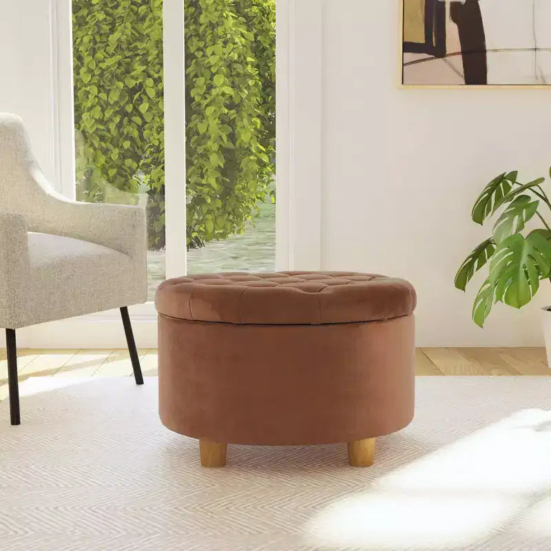 Pouffe de rangement rond capitonné en velours