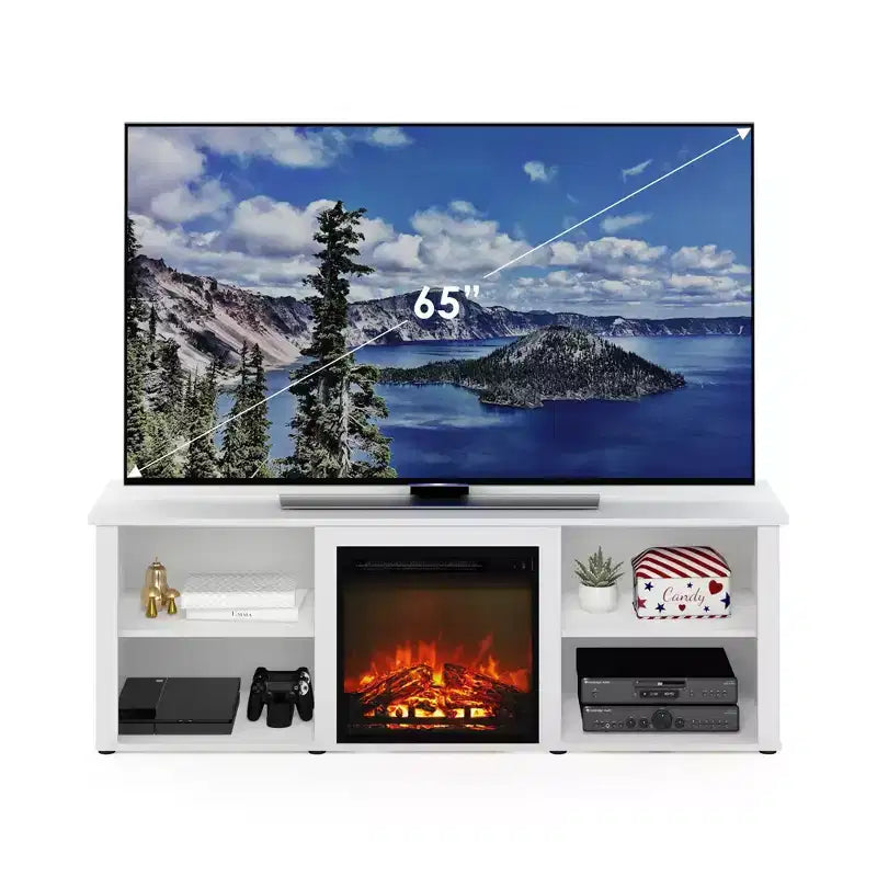 Meuble TV classique avec cheminée intégrée, console de divertissement, centre multimédia avec cheminée électrique de 18 pouces pour téléviseurs jusqu'à 70 pouces, blanc uni