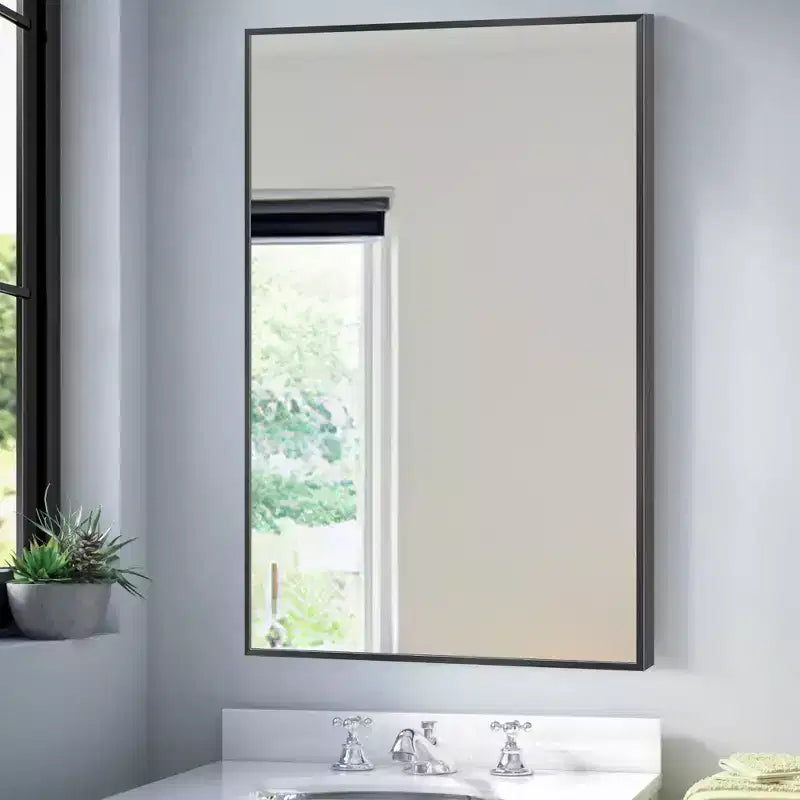 Miroir mural décoratif suspendu, rectangulaire moderne, en aluminium noir à bord fin