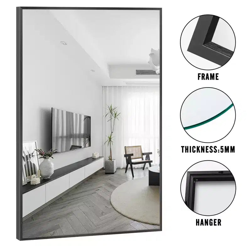 Miroir mural décoratif suspendu, rectangulaire moderne, en aluminium noir à bord fin