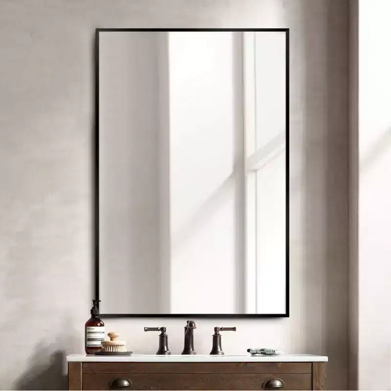 Miroir mural décoratif suspendu, rectangulaire moderne, en aluminium noir à bord fin