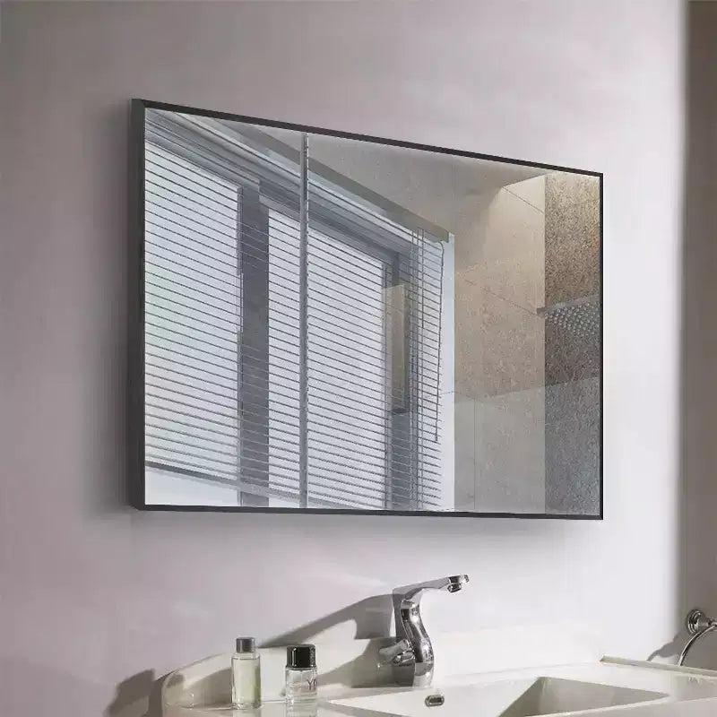 Miroir mural décoratif suspendu, rectangulaire moderne, en aluminium noir à bord fin
