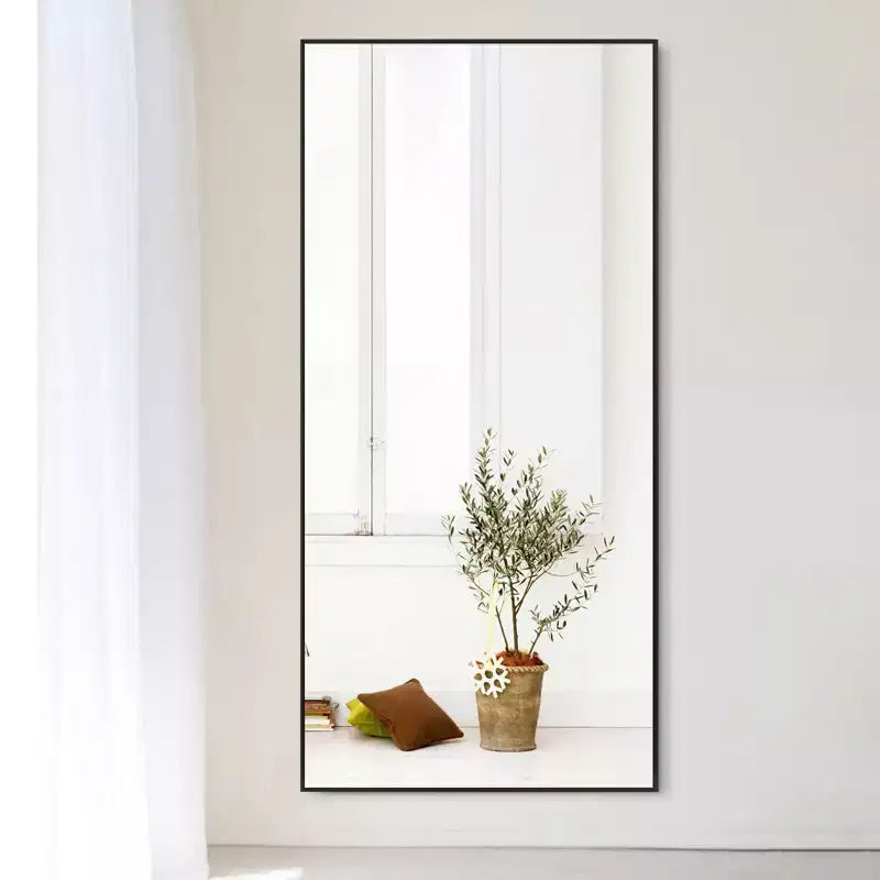 Miroir mural décoratif suspendu, rectangulaire moderne, en aluminium noir à bord fin