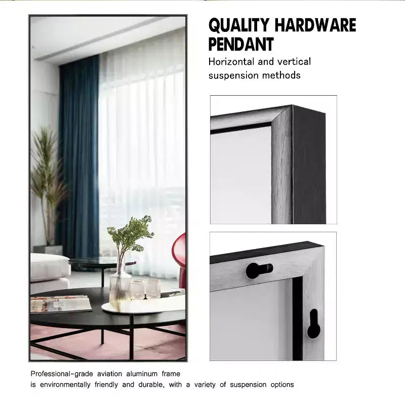 Miroir mural décoratif suspendu, rectangulaire moderne, en aluminium noir à bord fin