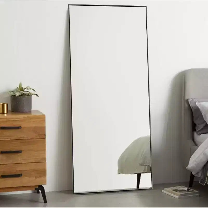 Miroir mural décoratif suspendu, rectangulaire moderne, en aluminium noir à bord fin