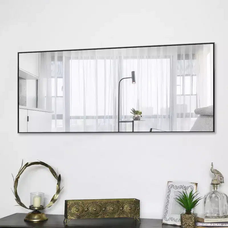 Miroir mural décoratif suspendu, rectangulaire moderne, en aluminium noir à bord fin