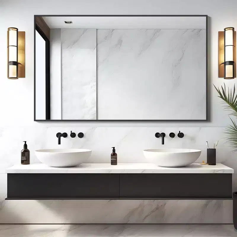 Miroir mural décoratif suspendu, rectangulaire moderne, en aluminium noir à bord fin