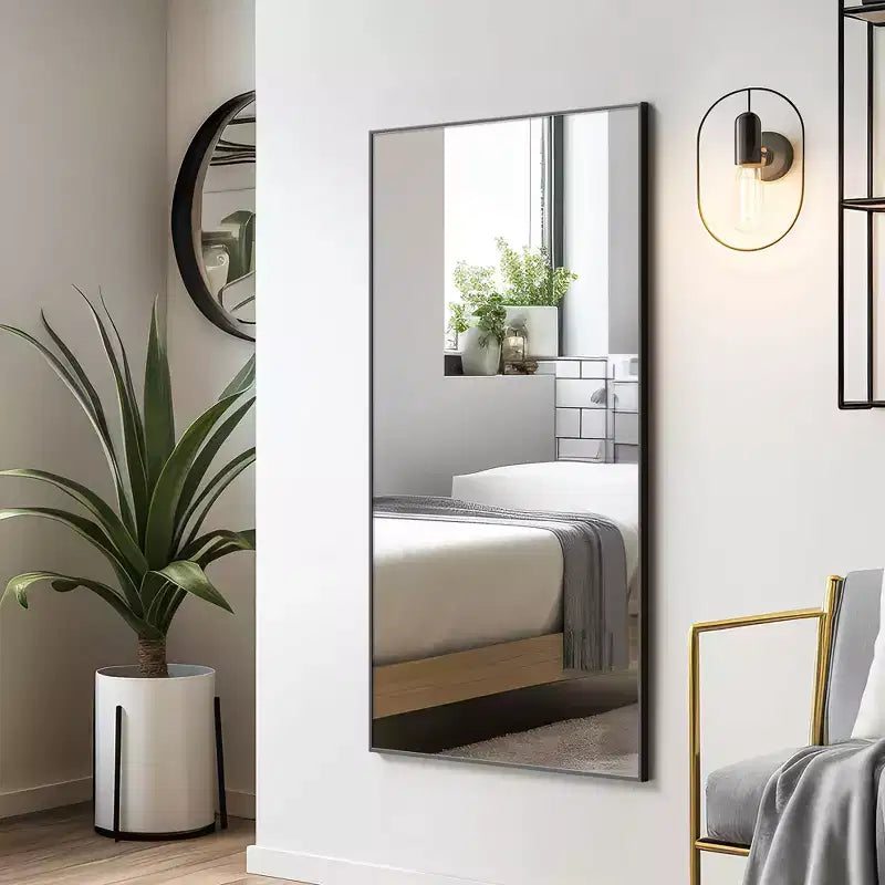 Miroir mural décoratif suspendu, rectangulaire moderne, en aluminium noir à bord fin