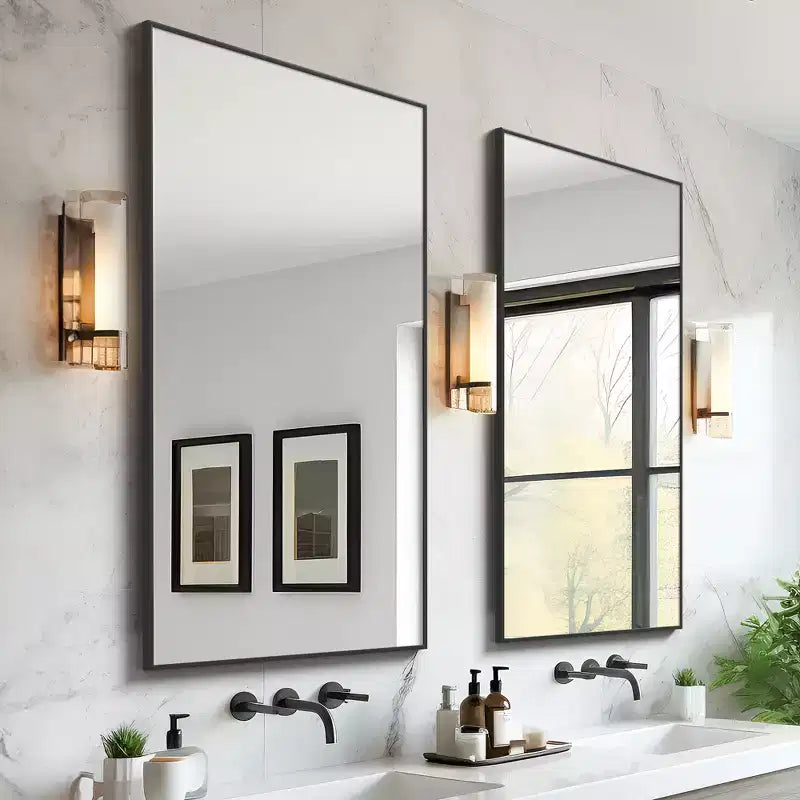 Miroir mural décoratif suspendu, rectangulaire moderne, en aluminium noir à bord fin