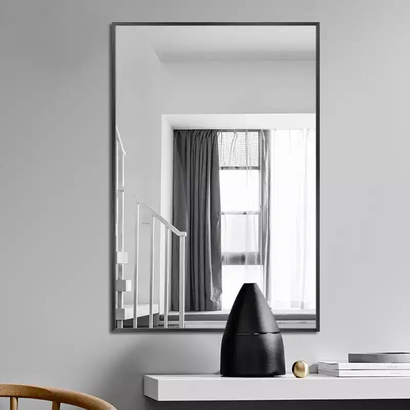 Miroir mural décoratif suspendu, rectangulaire moderne, en aluminium noir à bord fin