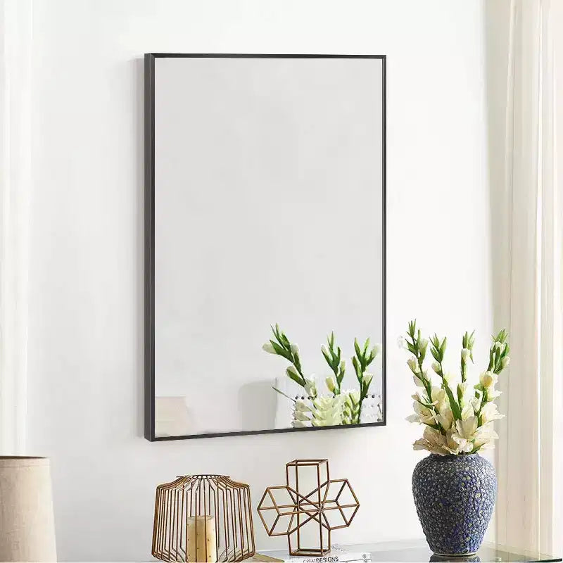 Miroir mural décoratif suspendu, rectangulaire moderne, en aluminium noir à bord fin
