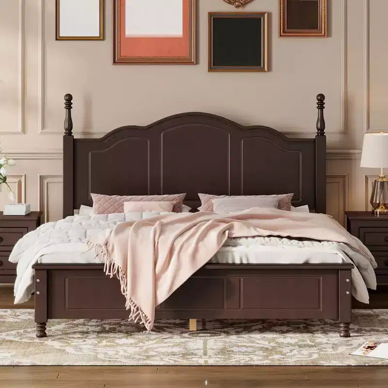 Wood Platform Bed Frame Queen Size Retro Style Platform Bed With Wooden Slat Support Easy Assembly