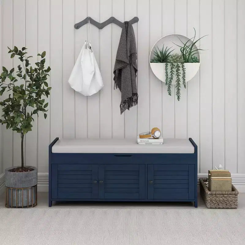 Wooden Storage Bench Upholstered Entryway Bench with Removable Cushion Shoe Cabinet with Hidden Storage for Entryway Bedroom Living Room