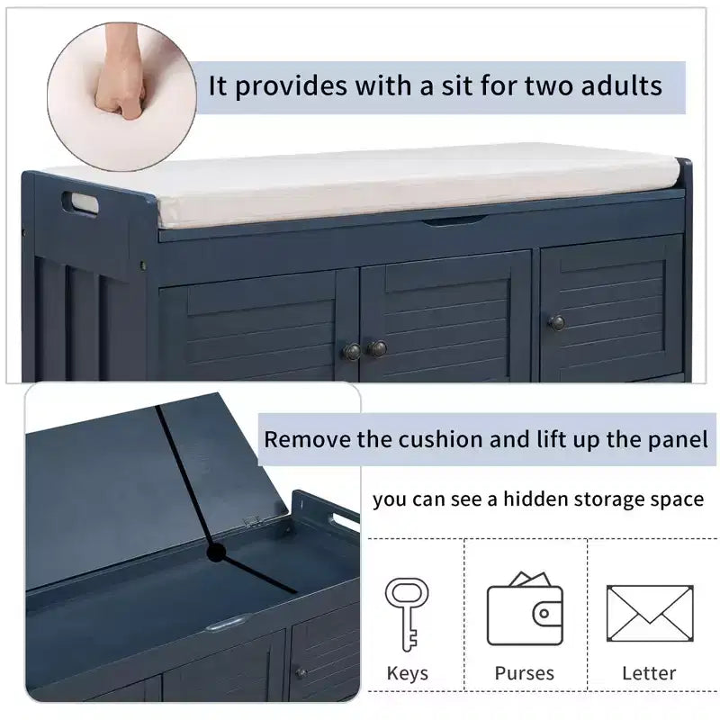 Banc de rangement en bois, banc d'entrée rembourré avec coussin amovible, meuble à chaussures avec rangement caché pour entrée, chambre, salon