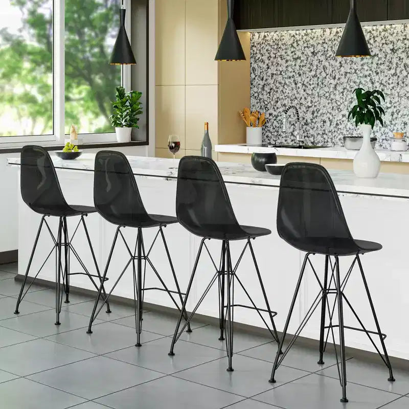 Tabouret de bar en acrylique de style moderne du milieu du siècle avec base en acier noir, parfait pour la cuisine, la salle à manger, le bar ou le salon.