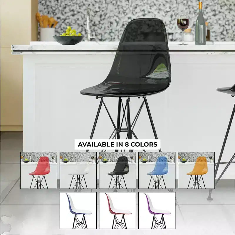Tabouret de bar en acrylique de style moderne du milieu du siècle avec base en acier noir, parfait pour la cuisine, la salle à manger, le bar ou le salon.