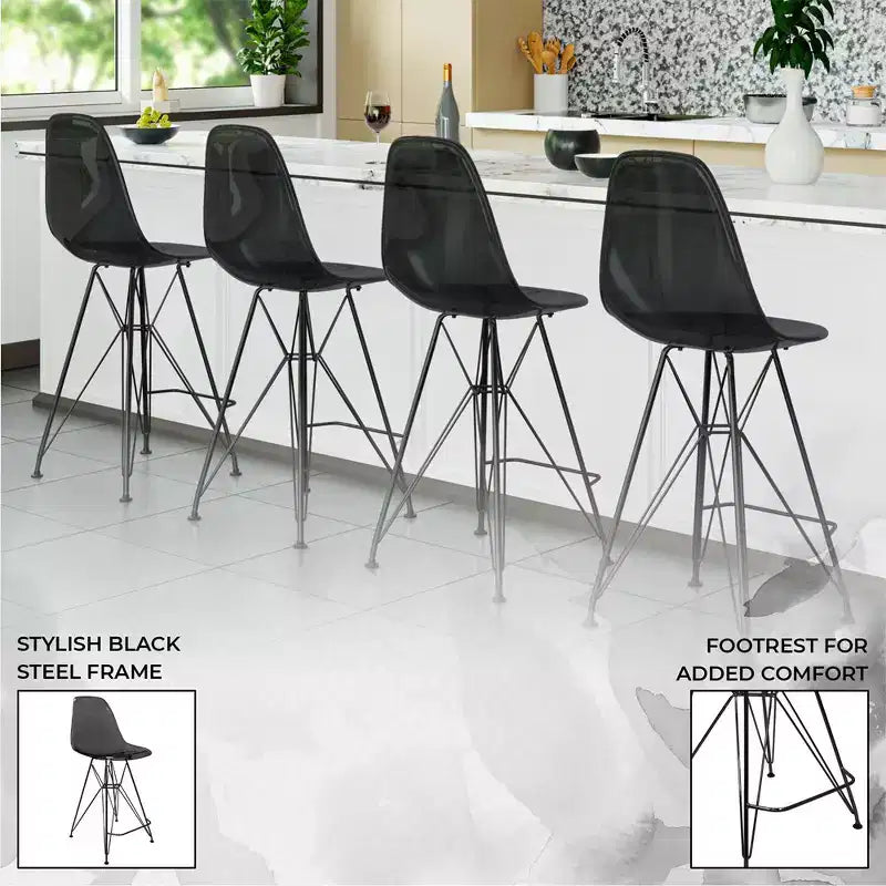 Tabouret de bar en acrylique de style moderne du milieu du siècle avec base en acier noir, parfait pour la cuisine, la salle à manger, le bar ou le salon.
