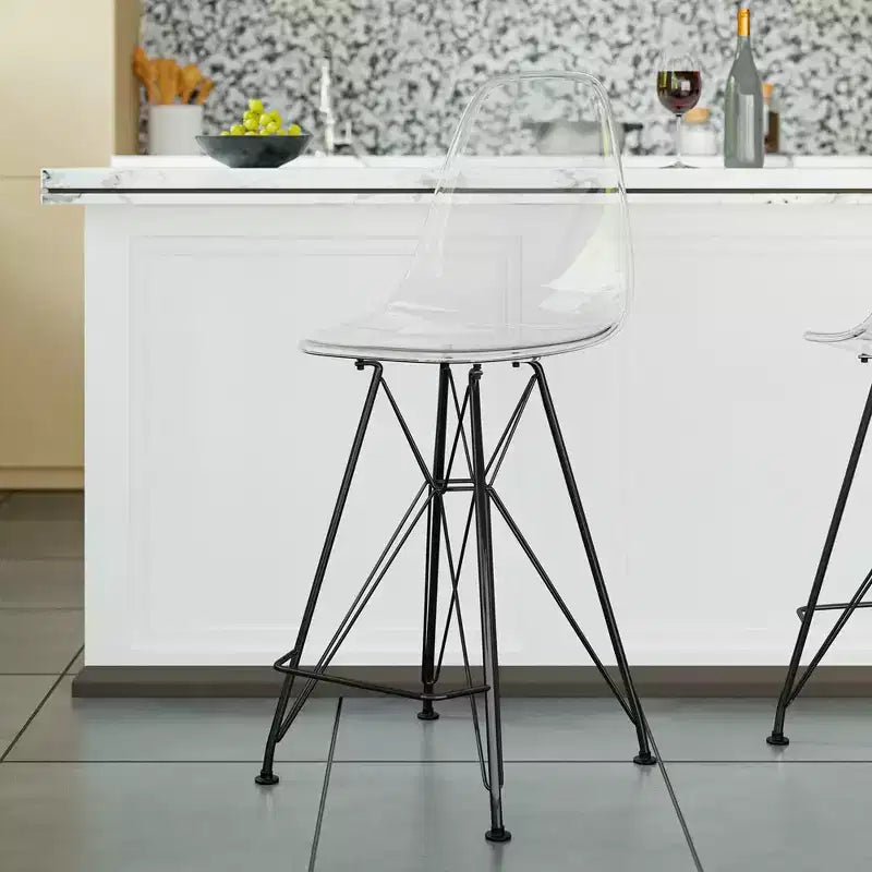 Tabouret de bar en acrylique de style moderne du milieu du siècle avec base en acier noir, parfait pour la cuisine, la salle à manger, le bar ou le salon.