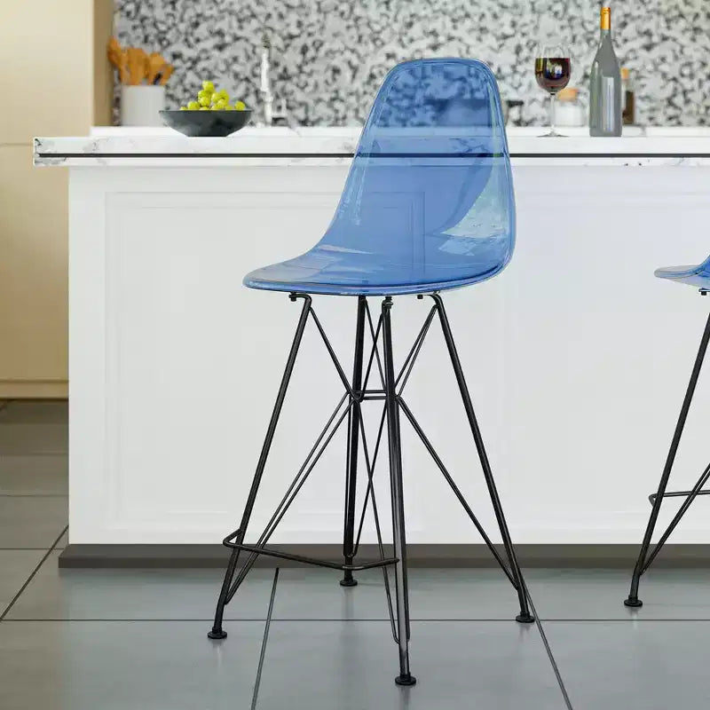 Tabouret de bar en acrylique de style moderne du milieu du siècle avec base en acier noir, parfait pour la cuisine, la salle à manger, le bar ou le salon.