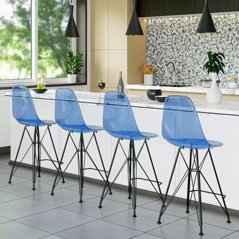 Tabouret de bar en acrylique de style moderne du milieu du siècle avec base en acier noir, parfait pour la cuisine, la salle à manger, le bar ou le salon.