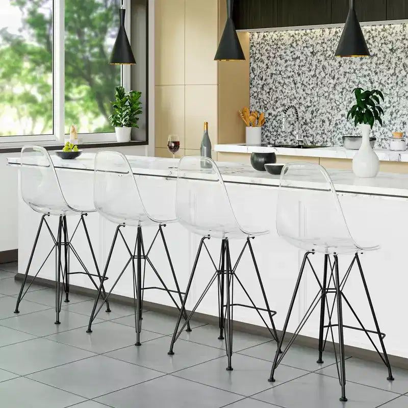 Tabouret de bar en acrylique de style moderne du milieu du siècle avec base en acier noir, parfait pour la cuisine, la salle à manger, le bar ou le salon.