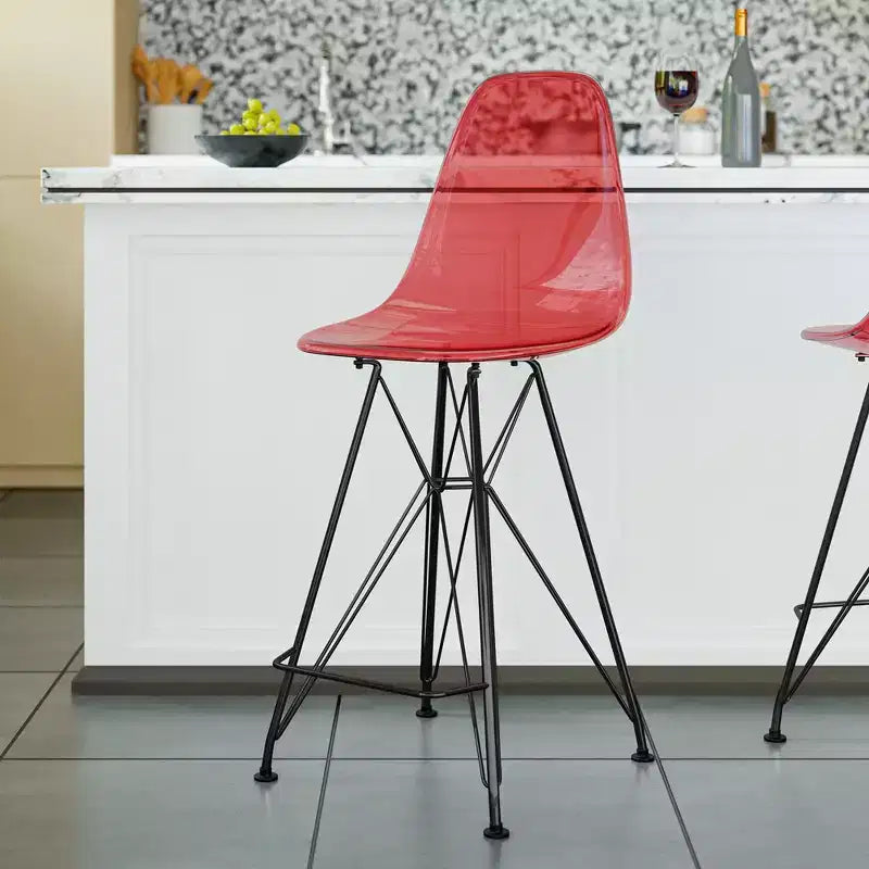 Tabouret de bar en acrylique de style moderne du milieu du siècle avec base en acier noir, parfait pour la cuisine, la salle à manger, le bar ou le salon.