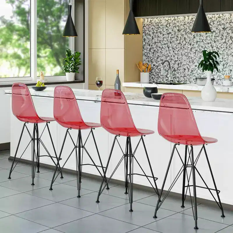 Tabouret de bar en acrylique de style moderne du milieu du siècle avec base en acier noir, parfait pour la cuisine, la salle à manger, le bar ou le salon.