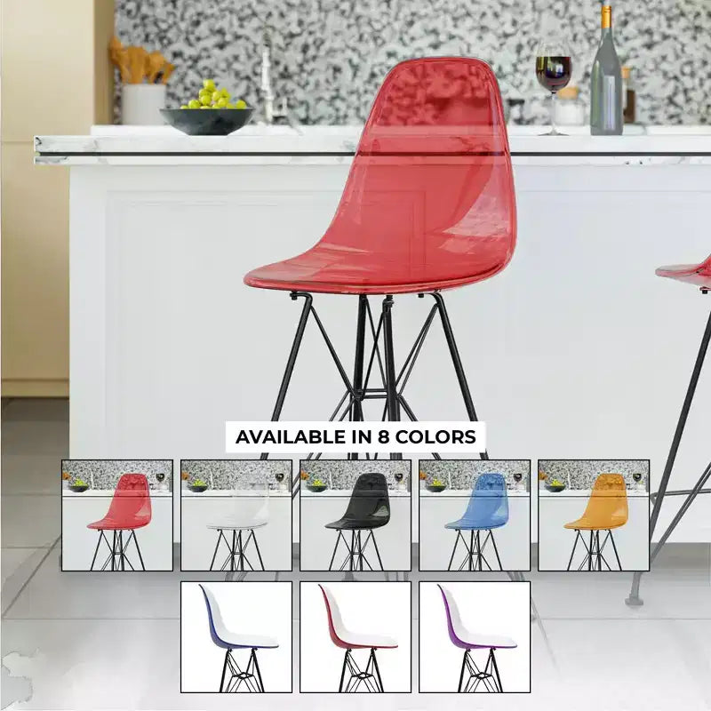 Tabouret de bar en acrylique de style moderne du milieu du siècle avec base en acier noir, parfait pour la cuisine, la salle à manger, le bar ou le salon.