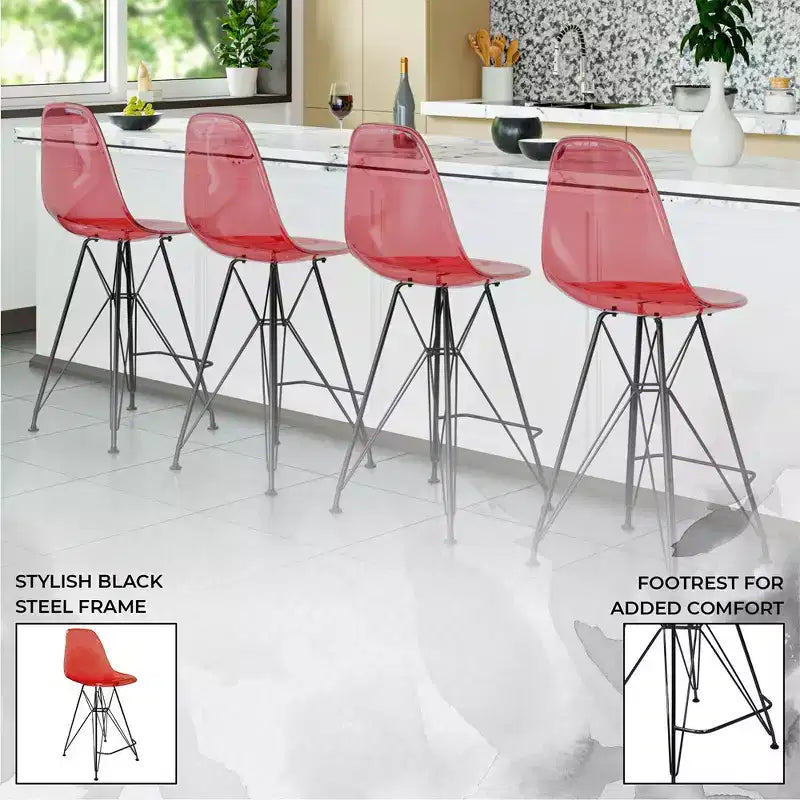 Tabouret de bar en acrylique de style moderne du milieu du siècle avec base en acier noir, parfait pour la cuisine, la salle à manger, le bar ou le salon.