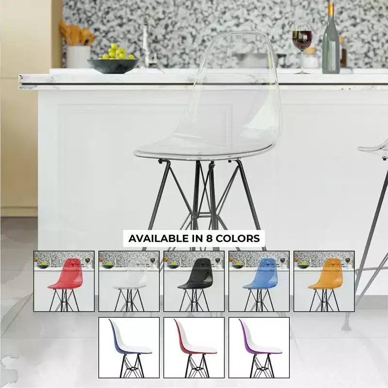 Tabouret de bar en acrylique de style moderne du milieu du siècle avec base en acier noir, parfait pour la cuisine, la salle à manger, le bar ou le salon.