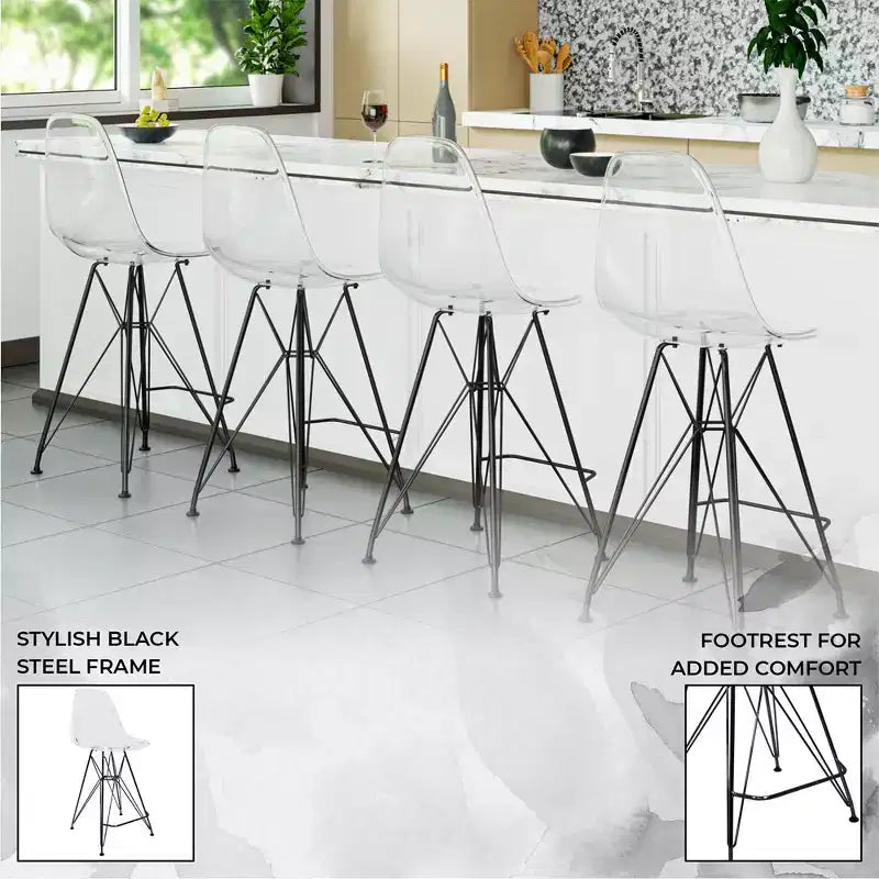 Tabouret de bar en acrylique de style moderne du milieu du siècle avec base en acier noir, parfait pour la cuisine, la salle à manger, le bar ou le salon.